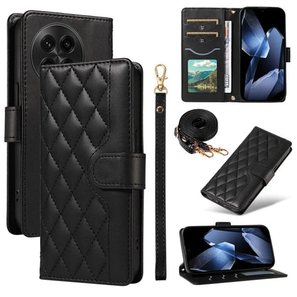 For OnePlus 13 Wallet Case Rhombus Leather Phone Cover with Strap - Black