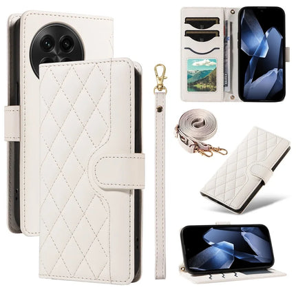 For OnePlus 13 Wallet Case Rhombus Leather Phone Cover with Strap - White