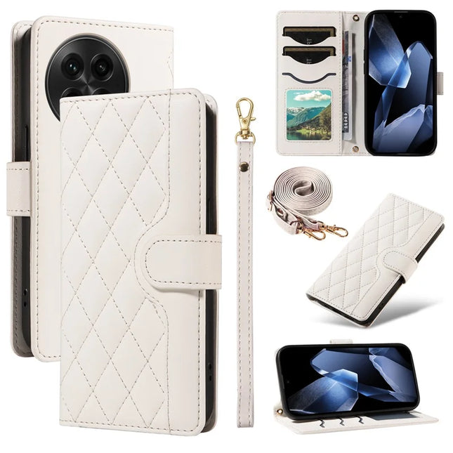 For OnePlus 13 Wallet Case Rhombus Leather Phone Cover with Strap - White