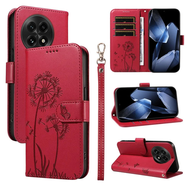 For OnePlus 13 Leather Wallet Case with Strap Dandelion Imprint Phone Stand Cover - Red