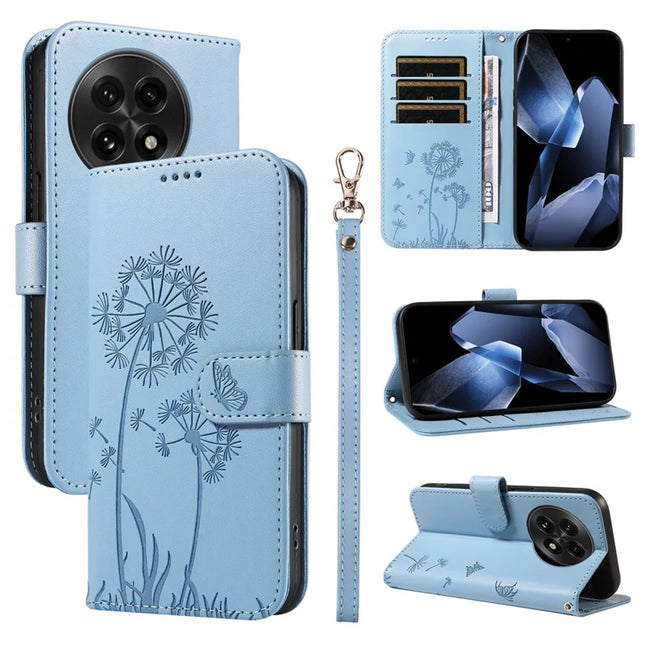 For OnePlus 13 Leather Wallet Case with Strap Dandelion Imprint Phone Stand Cover - Sky Blue