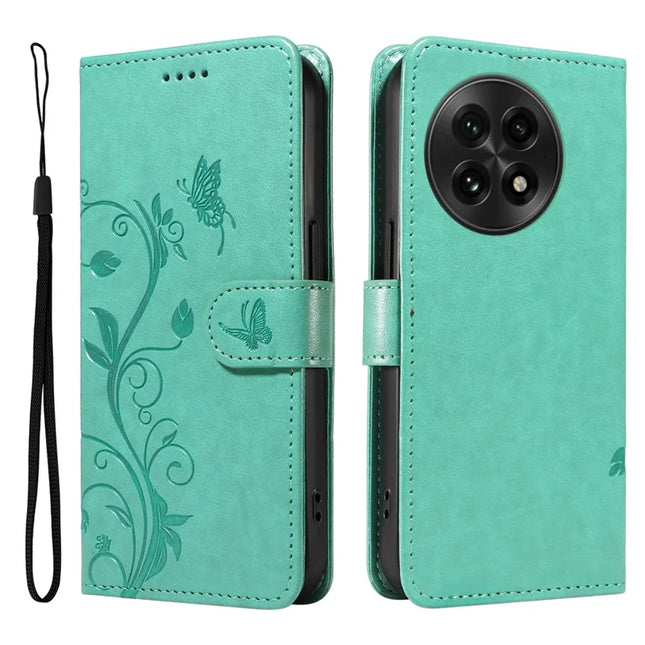 For OnePlus 13 PU Leather Case Flower Pattern Wallet Stand Phone Cover - Green