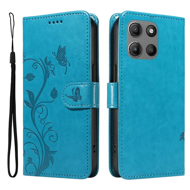 For Motorola Moto G15 Power 4G / Motorola Moto G15 4G PU Leather Case Flower Pattern Wallet Stand Phone Cover - Blue