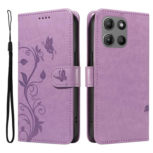 For Motorola Moto G15 Power 4G / Motorola Moto G15 4G PU Leather Case Flower Pattern Wallet Stand Phone Cover -  Light Purple
