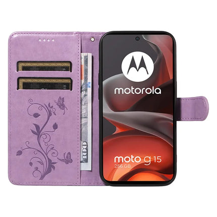 For Motorola Moto G15 Power 4G / Motorola Moto G15 4G PU Leather Case Flower Pattern Wallet Stand Phone Cover -  Light Purple