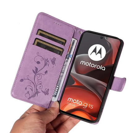 For Motorola Moto G15 Power 4G / Motorola Moto G15 4G PU Leather Case Flower Pattern Wallet Stand Phone Cover -  Light Purple