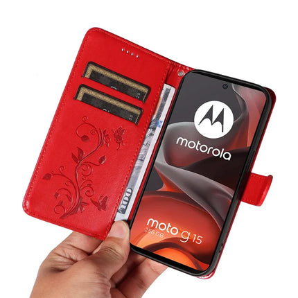 For Motorola Moto G15 Power 4G / Motorola Moto G15 4G PU Leather Case Flower Pattern Wallet Stand Phone Cover