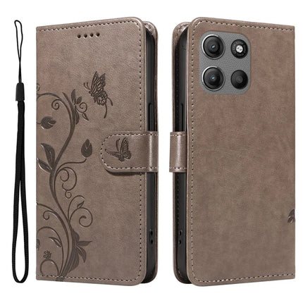 For Motorola Moto G15 Power 4G / Motorola Moto G15 4G PU Leather Case Flower Pattern Wallet Stand Phone Cover - Grey