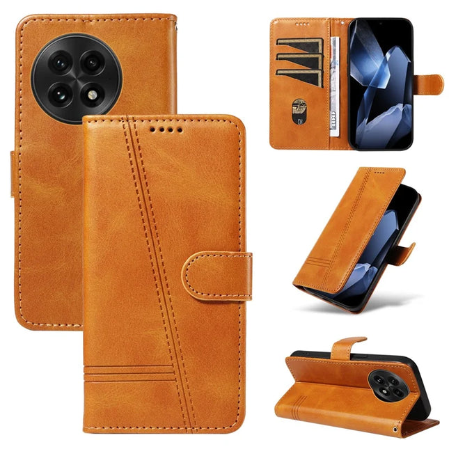 For OnePlus 13 Wallet Case T-Shape Lines Leather Phone Cover Stand - Brown