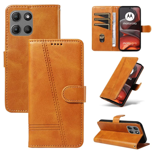 For Motorola Moto G15 4G Wallet Case T-Shape Lines Leather Phone Cover Stand - Brown