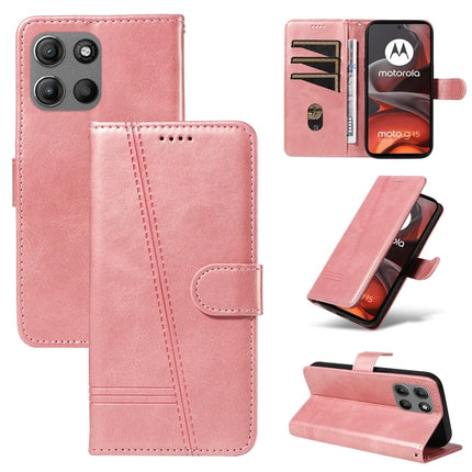 For Motorola Moto G15 4G Wallet Case T-Shape Lines Leather Phone Cover Stand - Rose Gold