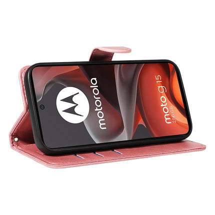 For Motorola Moto G15 4G Wallet Case T-Shape Lines Leather Phone Cover Stand