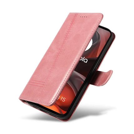 For Motorola Moto G15 4G Wallet Case T-Shape Lines Leather Phone Cover Stand