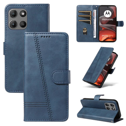 For Motorola Moto G15 4G Wallet Case T-Shape Lines Leather Phone Cover Stand - Blue