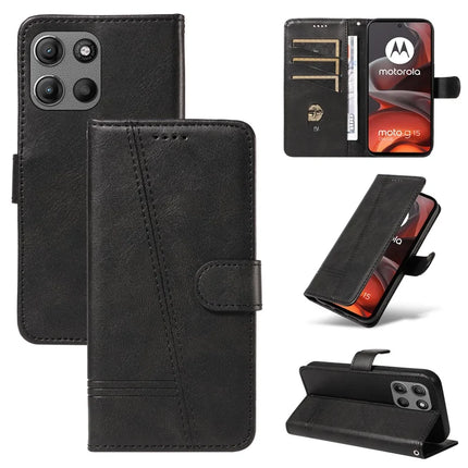For Motorola Moto G15 4G Wallet Case T-Shape Lines Leather Phone Cover Stand -  Black