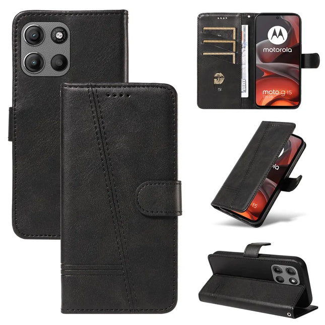 For Motorola Moto G15 4G Wallet Case T-Shape Lines Leather Phone Cover Stand -  Black