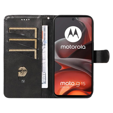 For Motorola Moto G15 4G Wallet Case T-Shape Lines Leather Phone Cover Stand -  Black