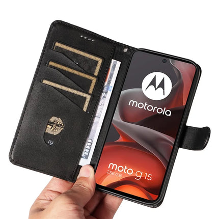 For Motorola Moto G15 4G Wallet Case T-Shape Lines Leather Phone Cover Stand -  Black
