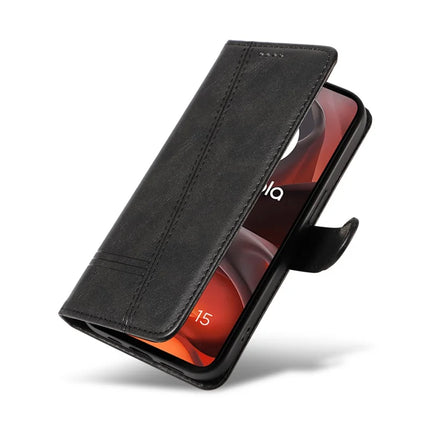 For Motorola Moto G15 4G Wallet Case T-Shape Lines Leather Phone Cover Stand -  Black