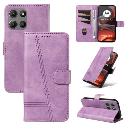 For Motorola Moto G15 4G Wallet Case T-Shape Lines Leather Phone Cover Stand -  Light Purple