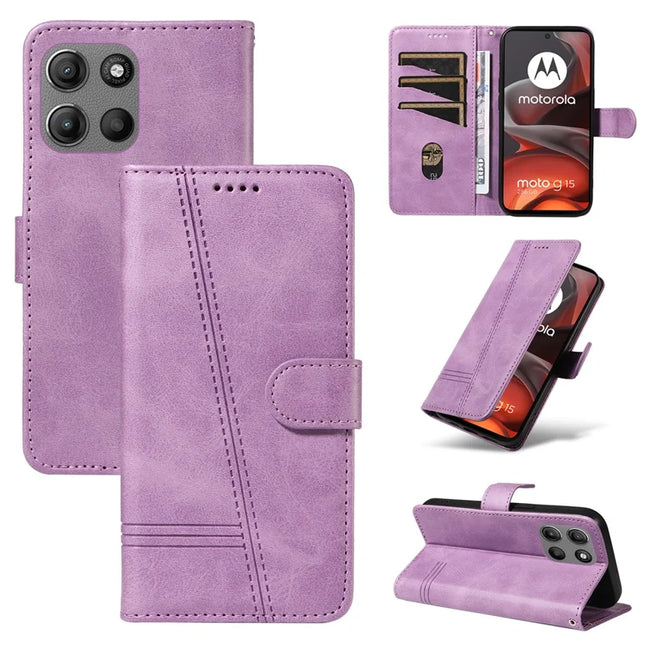For Motorola Moto G15 4G Wallet Case T-Shape Lines Leather Phone Cover Stand -  Light Purple