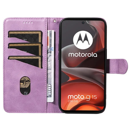 For Motorola Moto G15 4G Wallet Case T-Shape Lines Leather Phone Cover Stand -  Light Purple