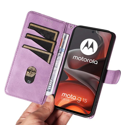 For Motorola Moto G15 4G Wallet Case T-Shape Lines Leather Phone Cover Stand -  Light Purple