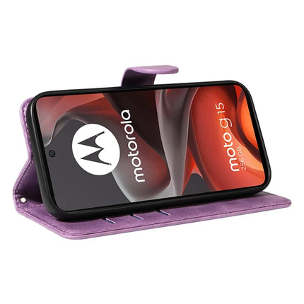 For Motorola Moto G15 4G Wallet Case T-Shape Lines Leather Phone Cover Stand -  Light Purple