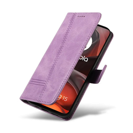 For Motorola Moto G15 4G Wallet Case T-Shape Lines Leather Phone Cover Stand -  Light Purple