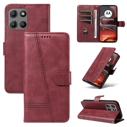 For Motorola Moto G15 4G Wallet Case T-Shape Lines Leather Phone Cover Stand - Wine Red