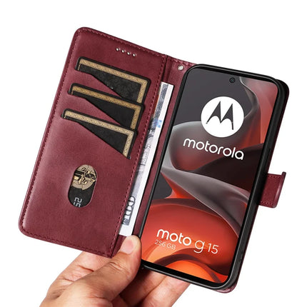 For Motorola Moto G15 4G Wallet Case T-Shape Lines Leather Phone Cover Stand