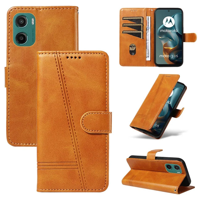 For Motorola Moto G05 4G Wallet Case T-Shape Lines Leather Phone Cover Stand - Brown