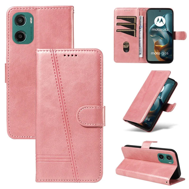 For Motorola Moto G05 4G Wallet Case T-Shape Lines Leather Phone Cover Stand - Rose Gold