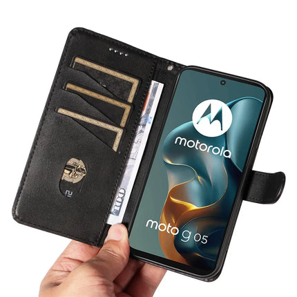 For Motorola Moto G05 4G Wallet Case T-Shape Lines Leather Phone Cover Stand -  Black