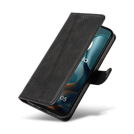 For Motorola Moto G05 4G Wallet Case T-Shape Lines Leather Phone Cover Stand -  Black