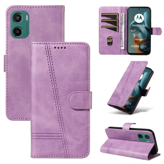 For Motorola Moto G05 4G Wallet Case T-Shape Lines Leather Phone Cover Stand -  Light Purple