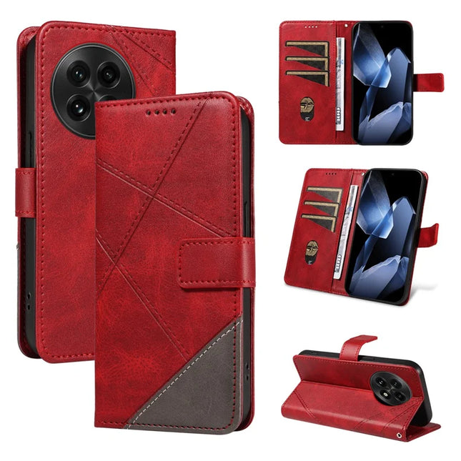 For OnePlus 13 Leather Case Geometric Line Design Wallet Phone Cover with Wrist Strap - Red