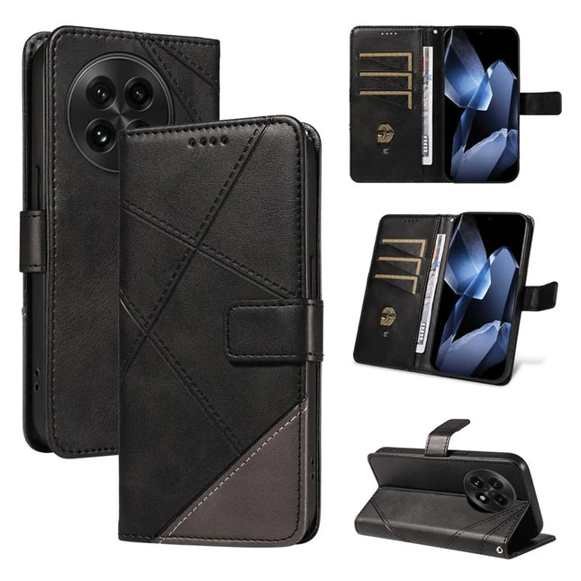 For OnePlus 13 Leather Case Geometric Line Design Wallet Phone Cover with Wrist Strap - Black