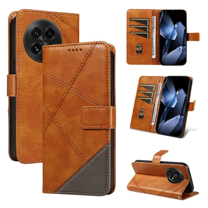 For OnePlus 13 Leather Case Geometric Line Design Wallet Phone Cover with Wrist Strap - Brown