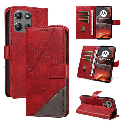 For Motorola Moto G15 Power 4G / Motorola Moto G15 4G Leather Case Geometric Line Design Wallet Phone Cover with Wrist Strap - Red