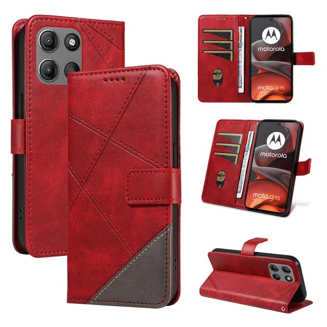 For Motorola Moto G15 Power 4G / Motorola Moto G15 4G Leather Case Geometric Line Design Wallet Phone Cover with Wrist Strap - Red
