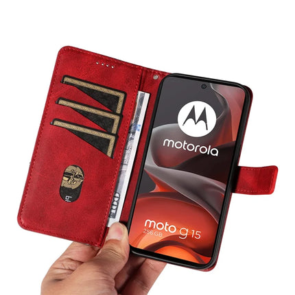 For Motorola Moto G15 Power 4G / Motorola Moto G15 4G Leather Case Geometric Line Design Wallet Phone Cover with Wrist Strap