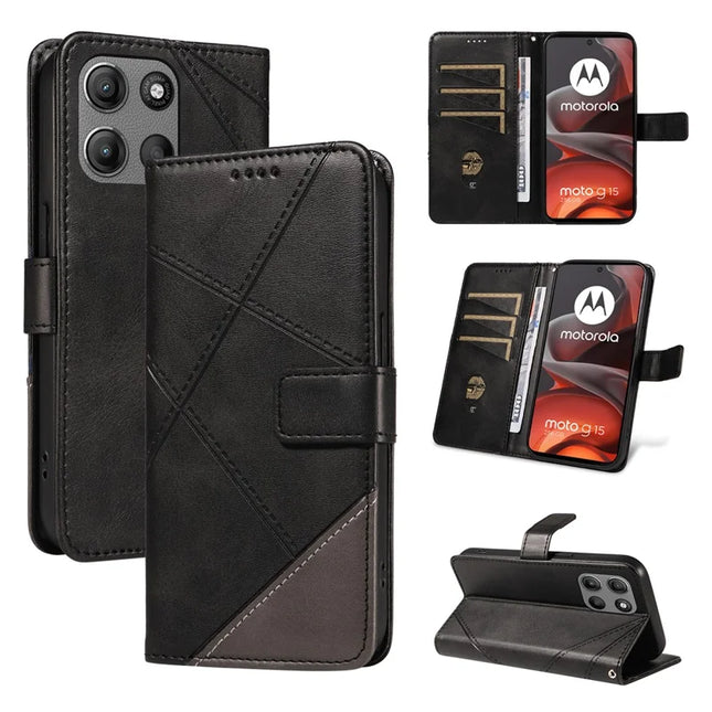 For Motorola Moto G15 Power 4G / Motorola Moto G15 4G Leather Case Geometric Line Design Wallet Phone Cover with Wrist Strap - Black