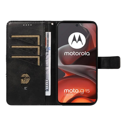 For Motorola Moto G15 Power 4G / Motorola Moto G15 4G Leather Case Geometric Line Design Wallet Phone Cover with Wrist Strap