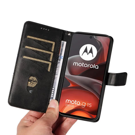 For Motorola Moto G15 Power 4G / Motorola Moto G15 4G Leather Case Geometric Line Design Wallet Phone Cover with Wrist Strap