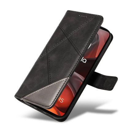 For Motorola Moto G15 Power 4G / Motorola Moto G15 4G Leather Case Geometric Line Design Wallet Phone Cover with Wrist Strap