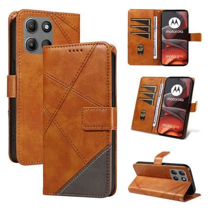 For Motorola Moto G15 Power 4G / Motorola Moto G15 4G Leather Case Geometric Line Design Wallet Phone Cover with Wrist Strap - Brown
