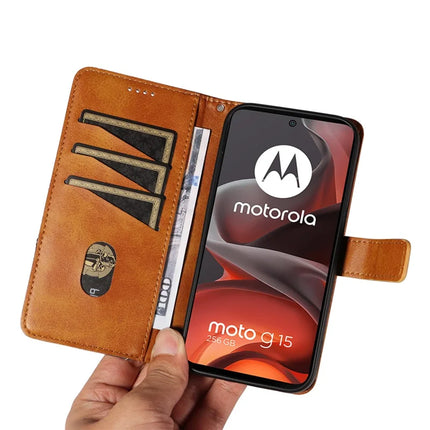 For Motorola Moto G15 Power 4G / Motorola Moto G15 4G Leather Case Geometric Line Design Wallet Phone Cover with Wrist Strap