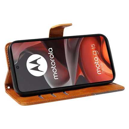For Motorola Moto G15 Power 4G / Motorola Moto G15 4G Leather Case Geometric Line Design Wallet Phone Cover with Wrist Strap