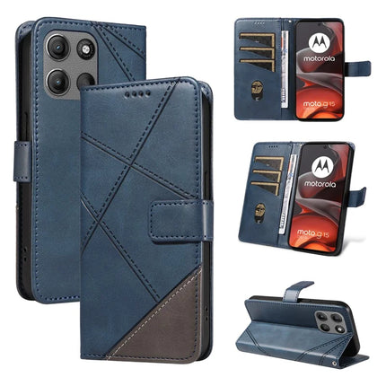 For Motorola Moto G15 Power 4G / Motorola Moto G15 4G Leather Case Geometric Line Design Wallet Phone Cover with Wrist Strap - Blue